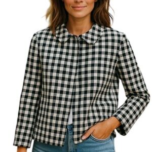 ZARA Blazer Black White Gingham Checkered Snap Closure Pockets Preppy Size S